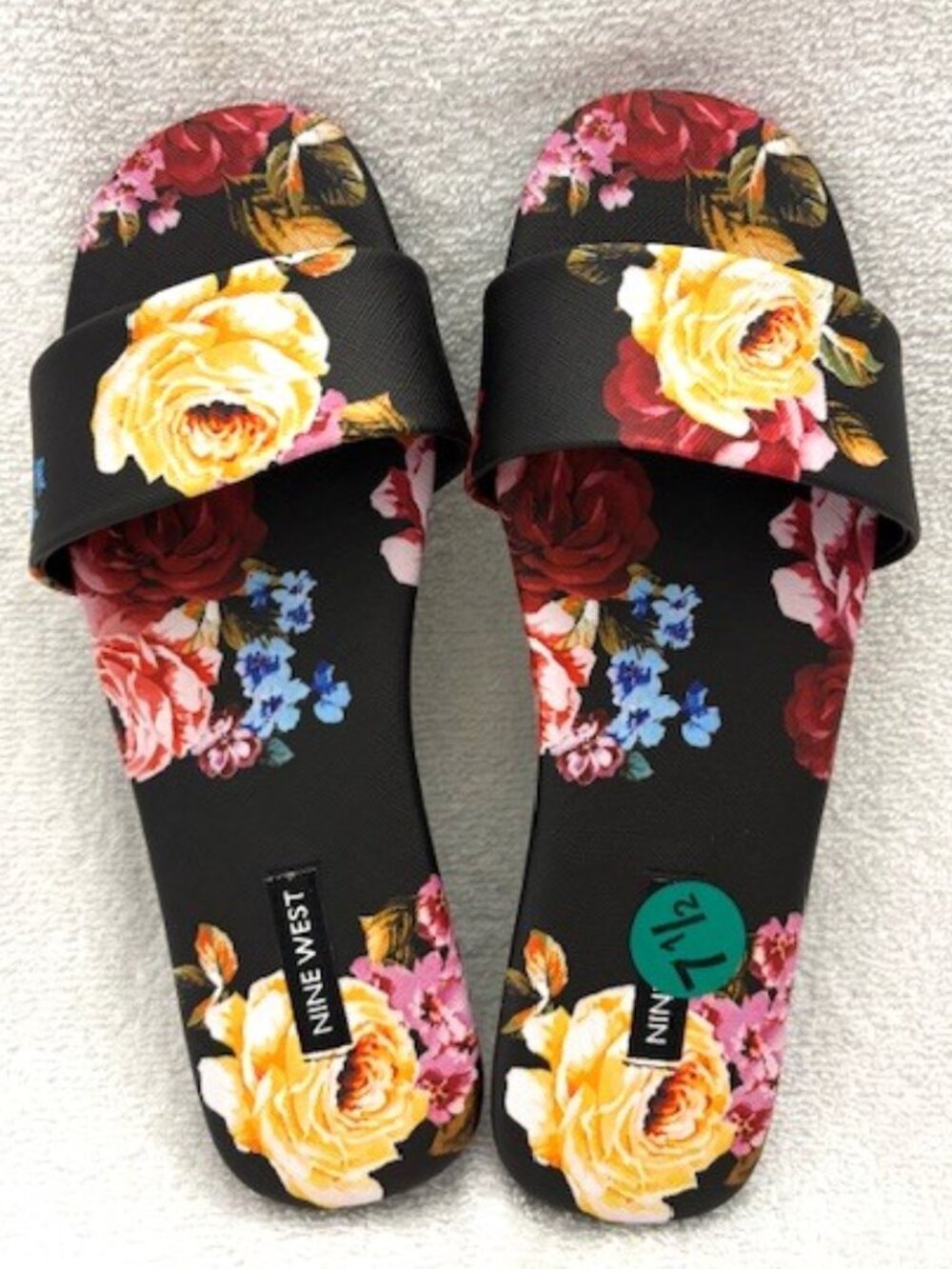 Nine West Lolipop "Black Scattered Rose Multi" floral slides NWOT Size 7-1/2